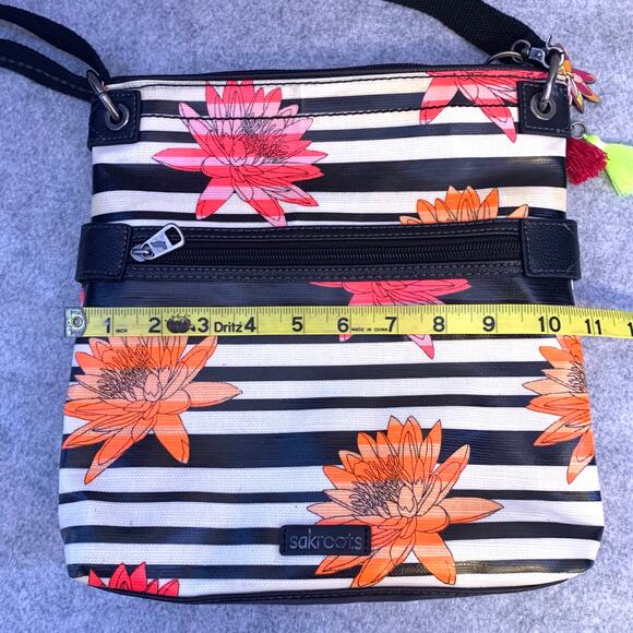 Sakroots Artist Designed Crossbody Bag, Black and White Striped Colorful Flowers - Picture 9 of 10